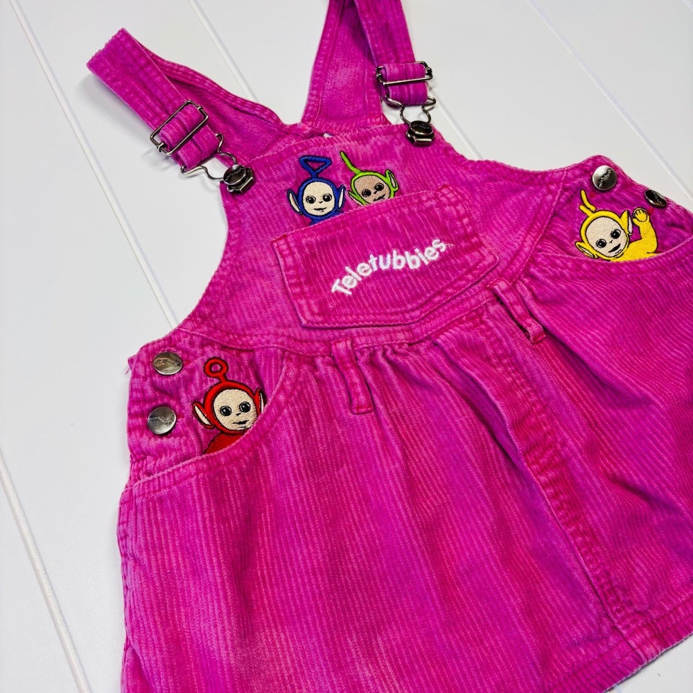 Vintage Teletubbies Embroidered Hot Pink Corduroy Overall Dress, Size 3T - Picture 4 of 15